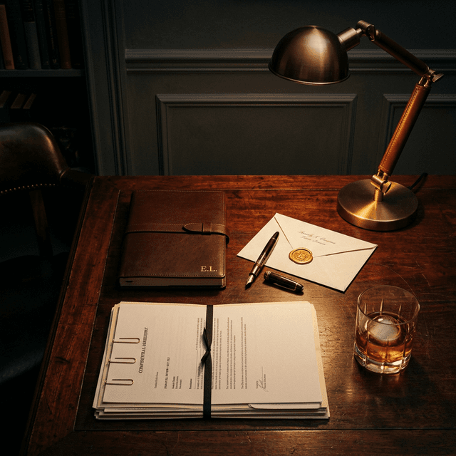 Organized estate planning desk with sealed envelope, leather journal, and warm lamp light